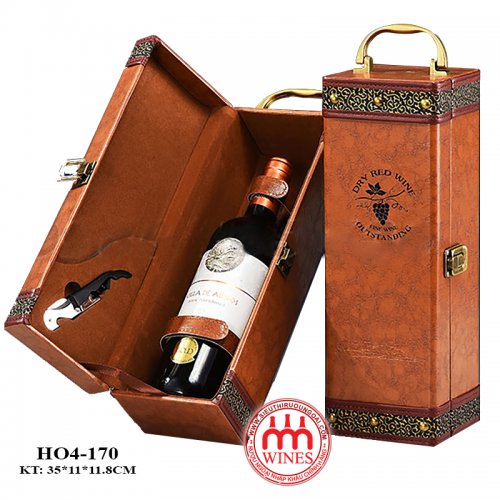 Hộp vang da đơn đính cúc đồng H04-107 + Phụ Kiện