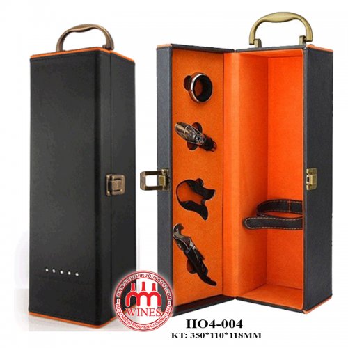 Hộp đựng rượu da đơn viền cam + 4 Phụ kiện 