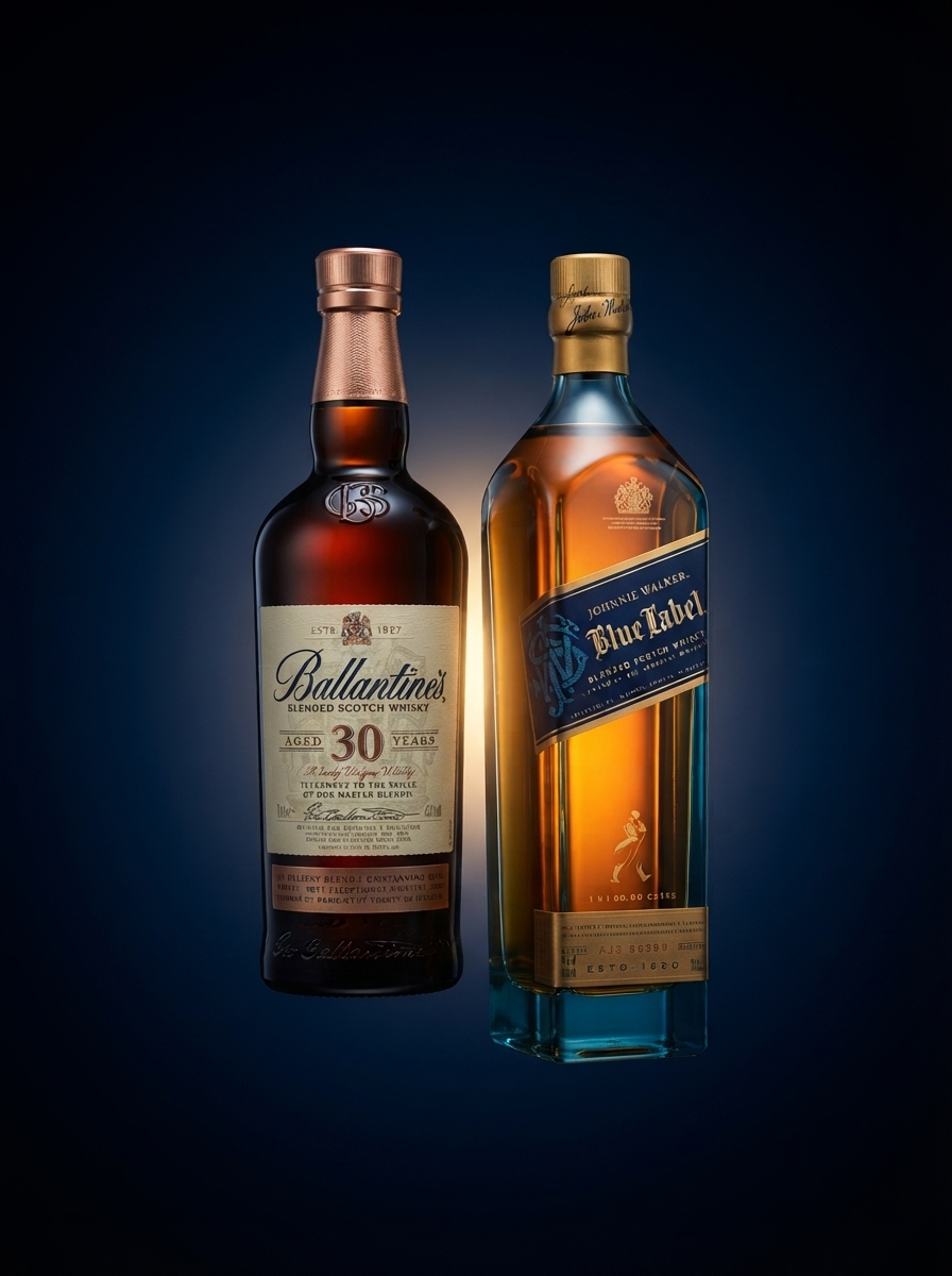 Ruou Whisky Scotch Ballantines 30 Nam va Johnnie Walker Blue Label qua biếu doanh nghiep