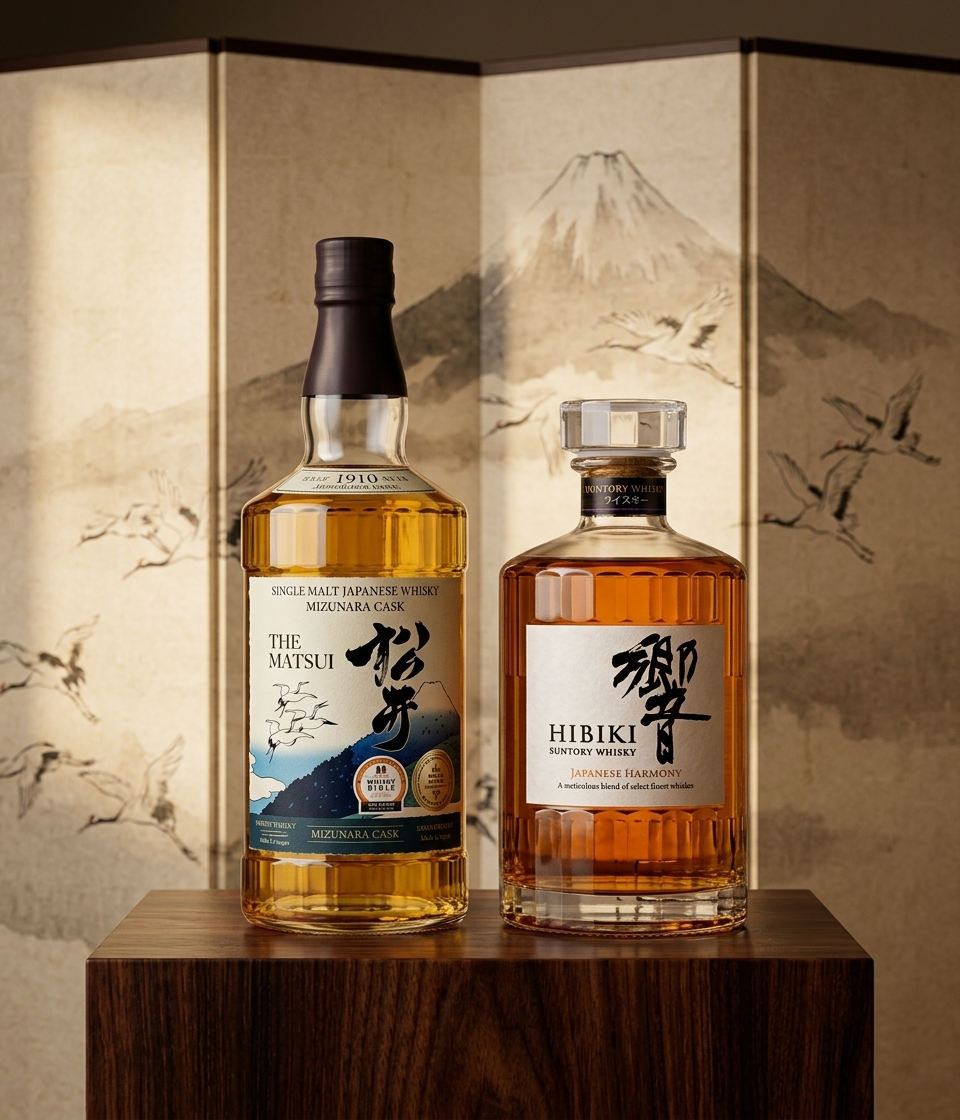 Ruou Whisky Nhat Ban The Matsui Mizunara Cask va Hibiki Japanese Harmony sang trong