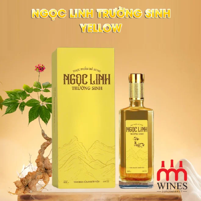 Rượu Ngọc Linh Trường Sinh Yellow 500ml hộp vàng và chai thủy tinh