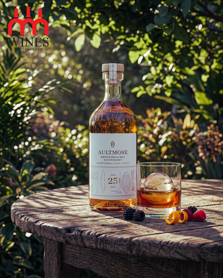 Rượu Aultmore 25 Years Old và ly whisky trên bàn gỗ ngoài trời