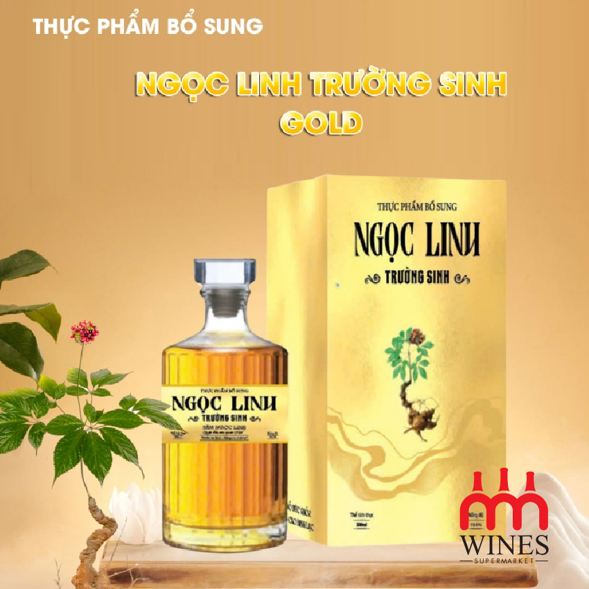 Rượu Ngọc Linh Trường Sinh Gold 24K hộp vàng và chai thủy tinh