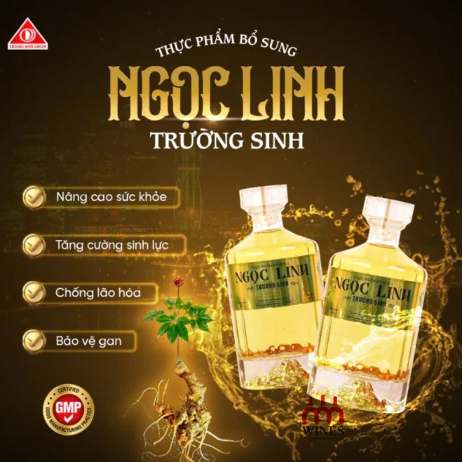 Rượu Ngọc Linh Trường Sinh Gold 24K và ly thủy tinh