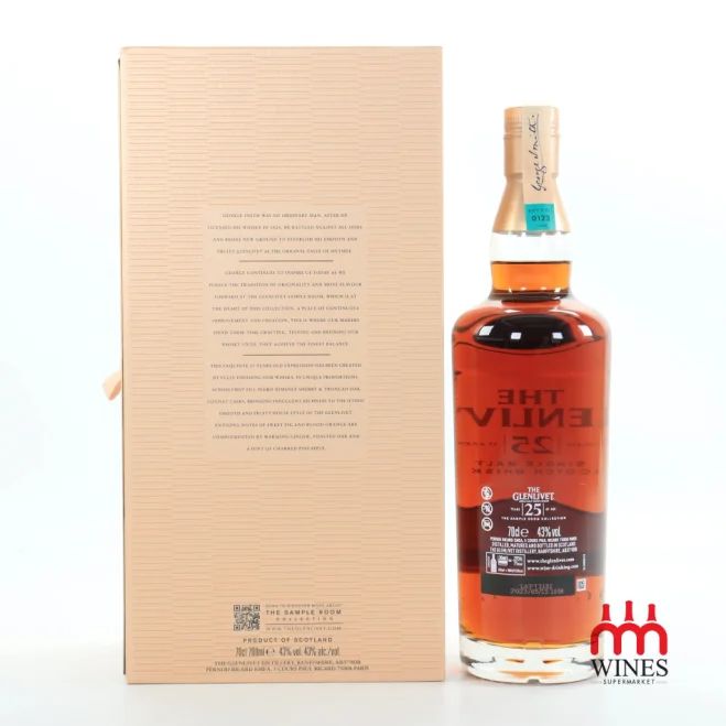 Mặt sau hộp và chai rượu The Glenlivet 25YO The Sample Room