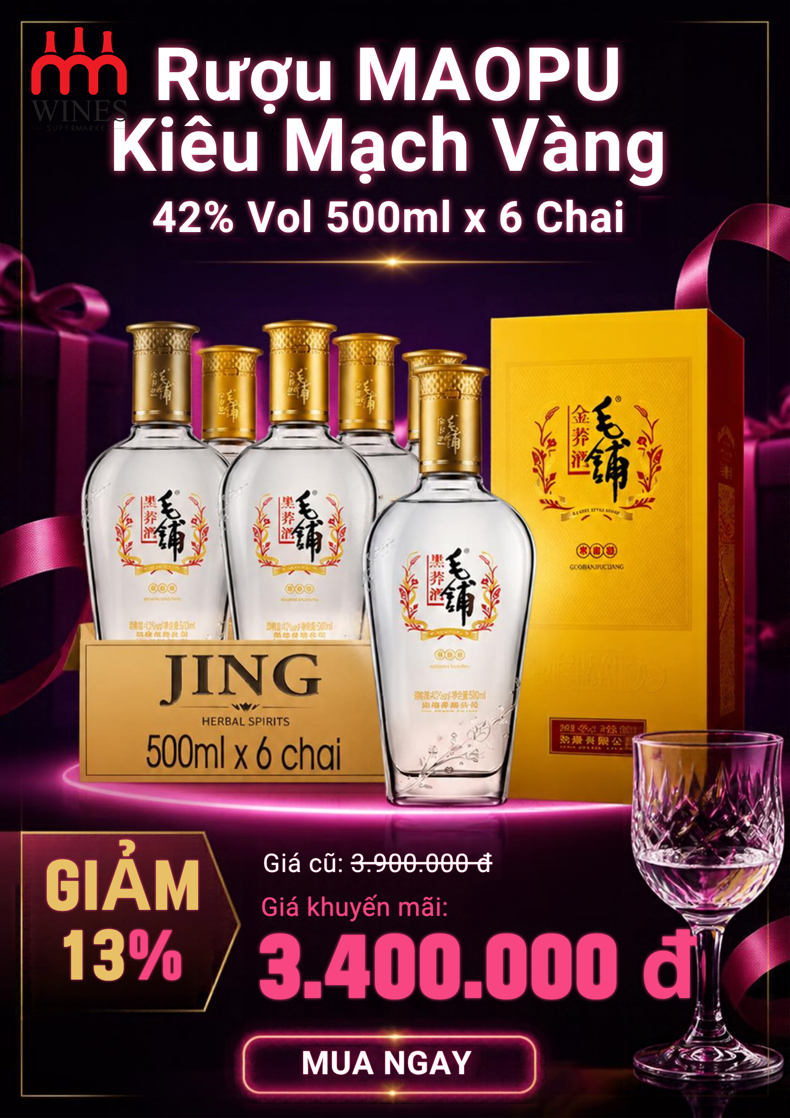 Khuyến mãi rượu MAOPU Kiều Mạch Vàng combo 6 chai giảm 13%