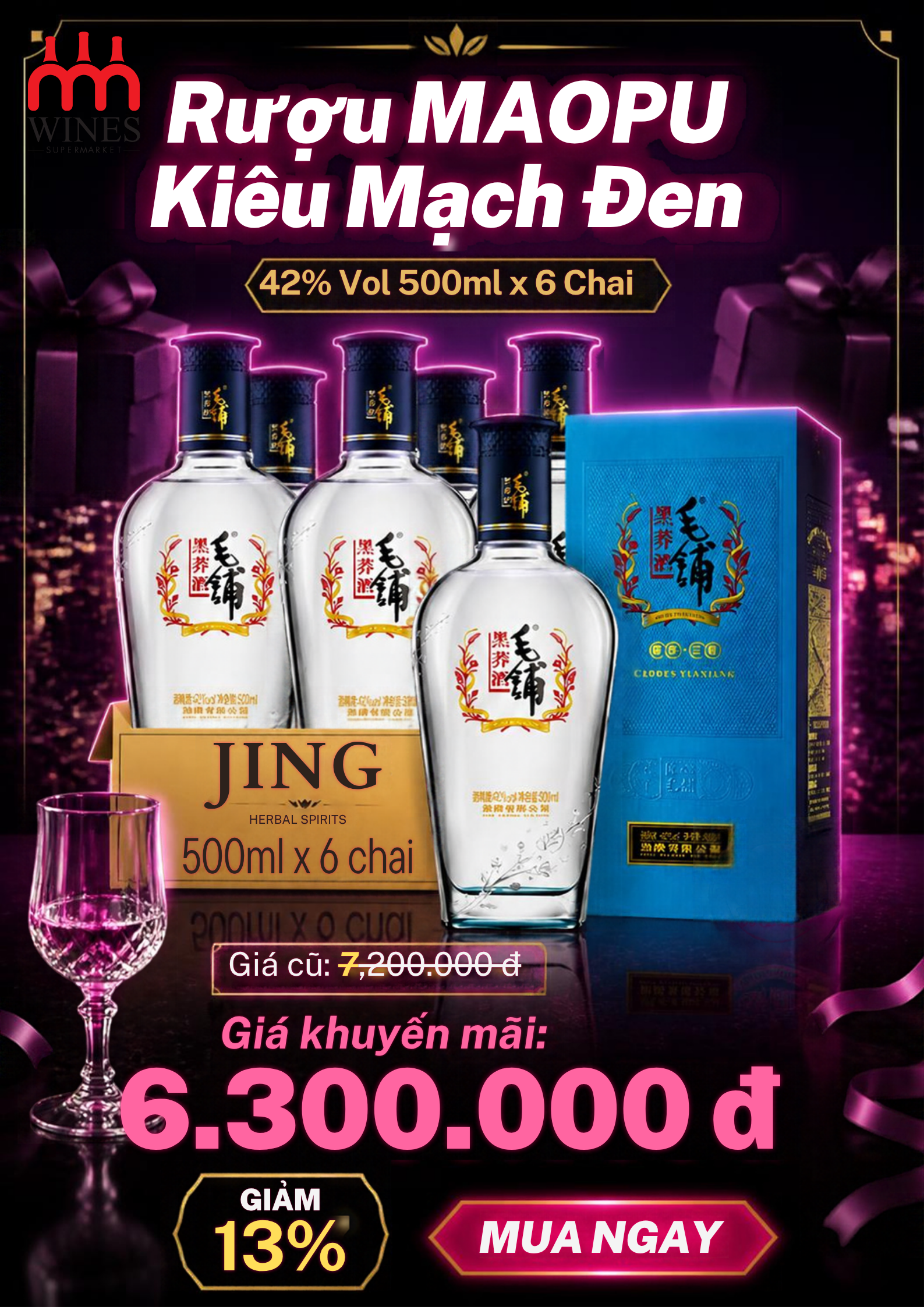 Khuyến mãi rượu MAOPU Kiều Mạch Đen combo 6 chai giảm 13%