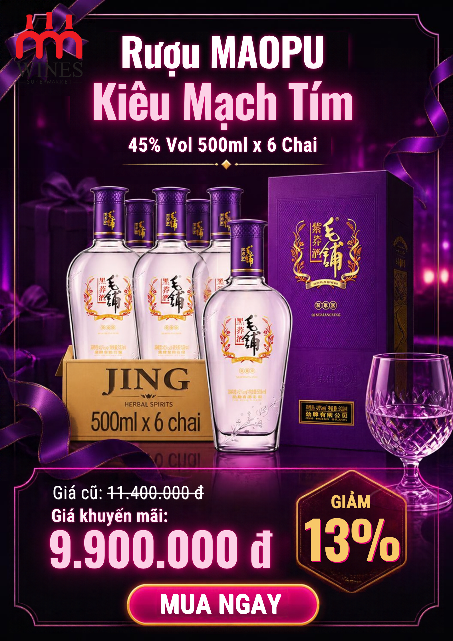 Khuyến mãi rượu MAOPU Kiều Mạch Tím combo 6 chai giảm 13%